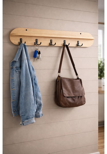 90 Cm 5 Kancalı Oval Kesim Ahsap Renk Duvara Monte Askılık Bal Meşe