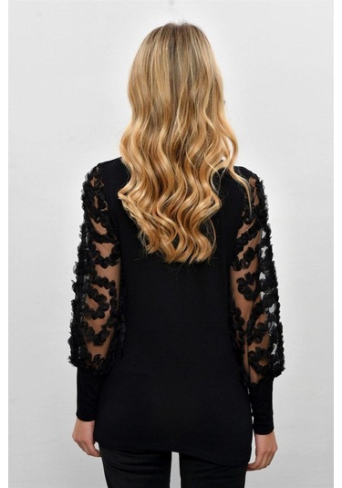 Kadın Siyah Kol Detayı Tül Bluz Siyah