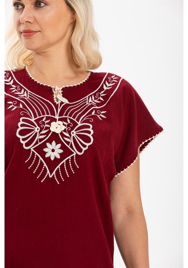 Kısa Kol Şile Bezi Naz Bluz Bordo Brd