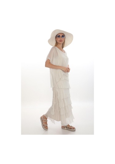 İtalyan 2 Beden İnce Gösteren Yarım Kol Kat Kat Ipek Elbise KREm