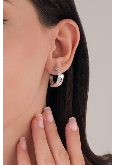 20 Mm Gümüş Beyaz Zirkon Taşlı Boru Yarım Halka Küpe
