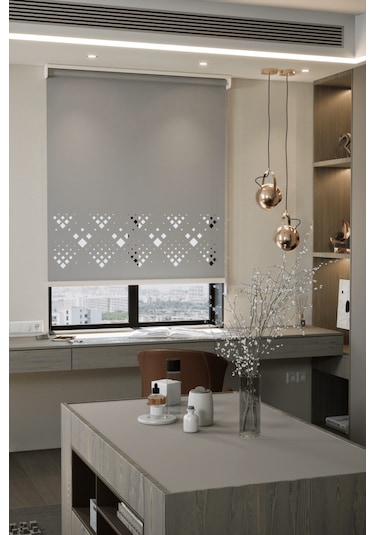 Lazer Kesim Mat Stor Perde, Lazer Kesimli Modern Serisi, M-5005 Gri Renk Gri