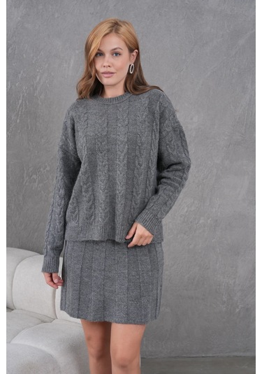 Kadın Bisiklet Yaka Saç Örgü Kazak Etek İkili Triko Takım Antrasit