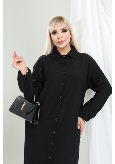 Bürümcük Gömlek Yaka Tunik Takım Düğmeli Tesettüre Uygun 2xl 6xl Siyah