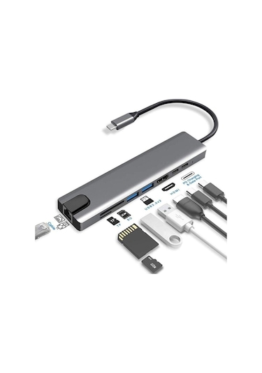 Maxgo 3008 8 in 1 USB Type-C  HDMI USB Ethernet Pd Girişli Port Adaptör Hub