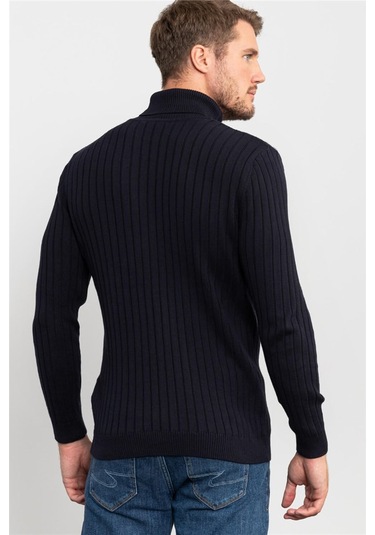 Tudors Slim Fit Dar Kesim Tam Balıkçı Yaka Saç Örgü Desenli Erkek Kazak-20004 Lacivert