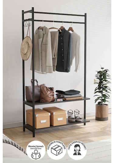 Bofigo Konfeksiyon Askısı Ayaklı Askılık Elbise Askılığı Raflı Askılık Jüpiter Antrasit Antrasit