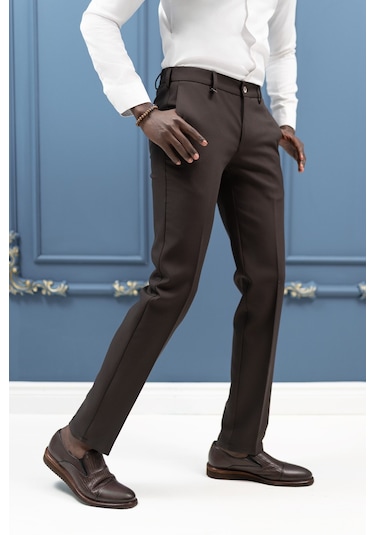 Ecer Slimfit Mevsimlik Fermuar Kapamalı Yan Cepli Kumaş Pantolon Kahverengi
