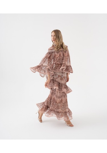 Dantel Desenli Katlı Şifon Volanlı Bluz Kahve