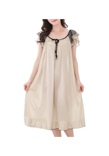 Şampanya Yaz Gecelik Bağcıklı Uyku Rahat Güzel Sahte Saten Yaz Gevşek Gecelik Ev Giyim 2xl Şampanya Açık Bej