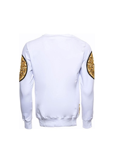 Beyaz Baskılı Ve Taşlı Bisiklet Yaka Sweatshirt - Wessi Siyah