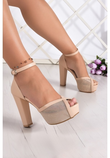 Erkan Saçmacı Carmen Ten Fileli Önü Açık Bilekten Bağlamalı Platform Topuklu Ayakkabı Ten Rengi