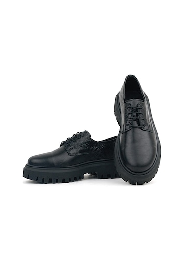 Rakerplus Hakiki Deri Siyah Kırışık Rugan Bağcıklı Oxford Günlük Ayakkabı Siyah