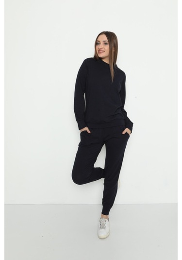 Kadın Bisiklet Yaka Pamuklu Uzun Kollu Pijama Takımı Lacivert Renkli 28243 Lacivert