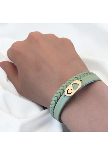 Archin Ay Yıldız Temalı 14 Ayar Altın Plakalı Zeytin Yeşili Derili Kalp Motifli Hediye Bileklik-556sembol Ay Yıldız