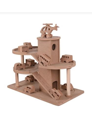 Ahşap Oyuncak Otopark + 6 Adet Oyuncak Araba + 1 Adet Helikopter