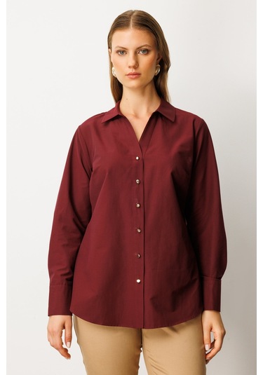 Ekol Kadın Büyük Beden Önü Düğmeli Polo Yaka Gömlek 3549 Bordo Bordo