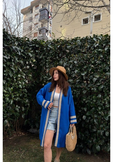 Kadın Saks Müslin Kumaş, Hasır Şerit Detaylı Salaş Kimono Ceket Saks