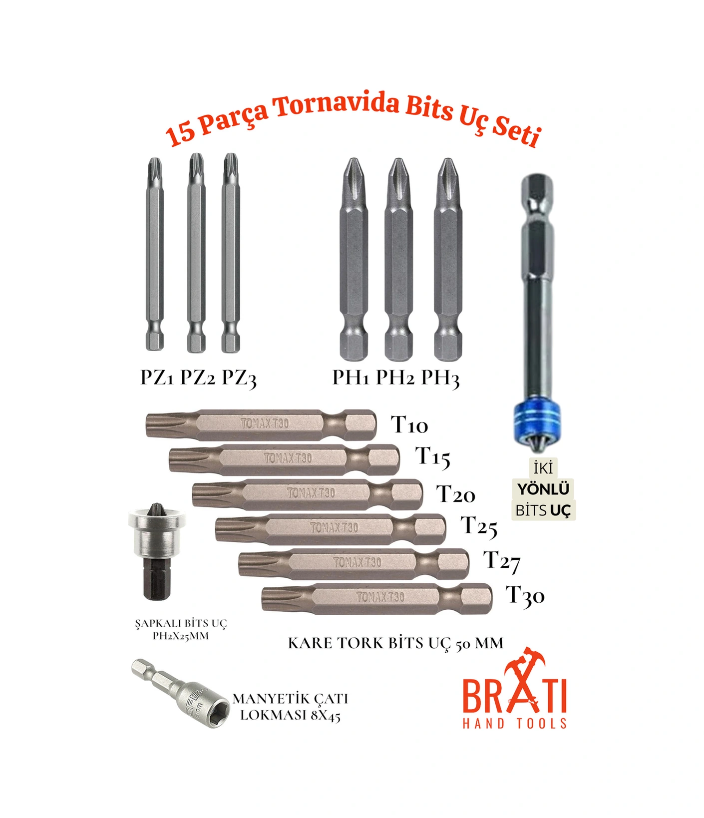 15 Parça Tornavida Bits Uç Seti 50mm Ph1-ph2-ph3 50mm Pz1-pz2-pz3 50mm T10-t15-t20-t25-t27-t30