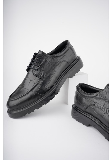 Muggo Norman Garantili Günlük Klasik Hakiki Deri Casual Rahat Ortopedik Kalın Taban Erkek Ayakkabı Siyah