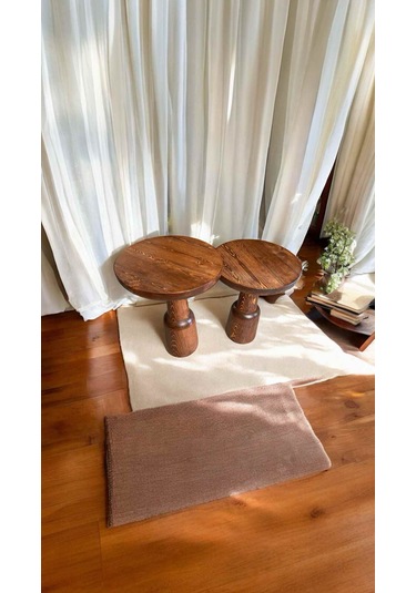 Kestane Renk Doğal Masif Yan Sehpa 2 Li Ahşap Zigon Ve Fiskos