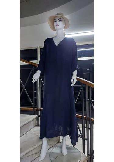İtalyan V Yaka Uzun Kol Keten Elbise-8907 Lacivert