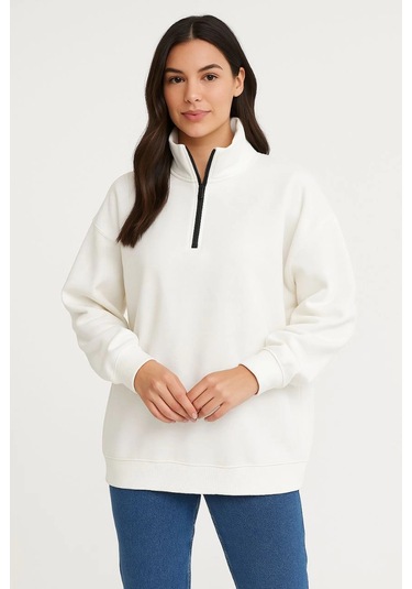 Üç İplik Dık Yaka Yarım Fermuarlı Sweatshirt - Beyaz -vlmr Beyaz