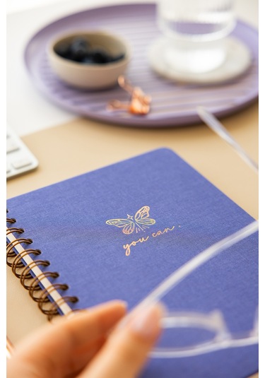 A5 Spiralli Sert Kapak Keten Kareli Tarihsiz Not Defteri Lila Lila