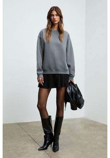 Grımelange Karıus Kadın Organik Pamuklu İçi Polarlı Oversize Yuvarlak Yakalı Gri Sweatshirt Gri