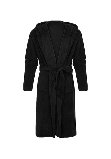 Flybuy Erkek Uzun Kapşonlu Bornoz, Sıcak Ve Rahat, Tam Boy Gecelik Siyah