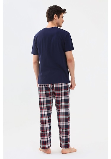 Erkek Kısa Kollu Ekose Desenli Pamuklu Pijama Takımı Ko6303pj-1 Lacivert