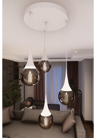 Liora Modern Beyaz Metal Avize - Füme Cam, 4'lü Sarkıt, E27 Duy,