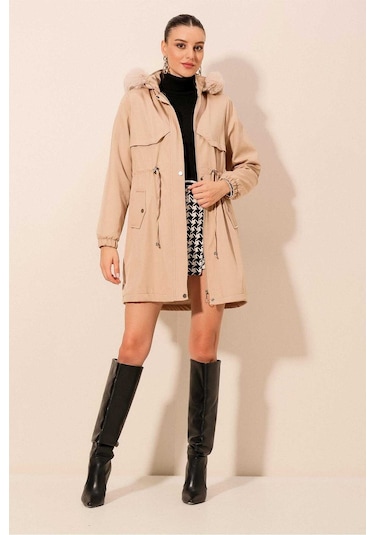 Gabria Kapüşonlu Kaban Bej