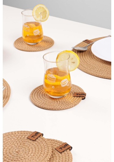 Dekoratif Salyangoz Jüt Dokuma Bardak Altlığı, 6'lı Bardak Altlığı Bej