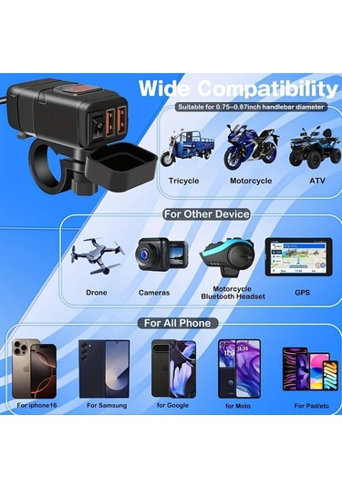 Boatshop1 Zh-854a1 Voltmetre Ve Aç Kap Anahtarı Çift Usb 6.8a Hızlı Şarj 3.0 Motosiklet Gidon Şarj Cihazı Telefon Tablet Gps İçin Sae Usb Adaptör