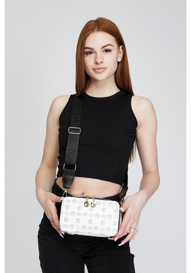 Morpelikan Beyaz Monogram İki Bölmeli Kolon Askılı Omuz Çantası Beyaz