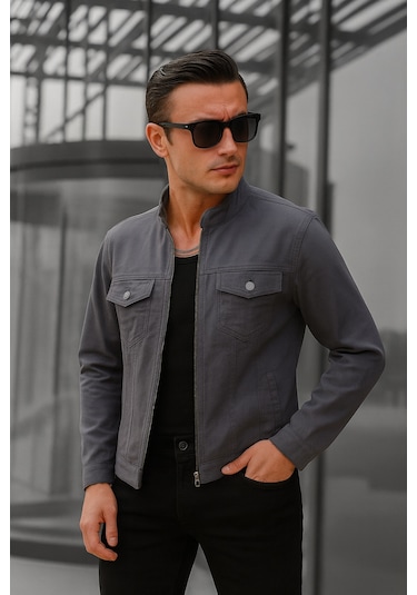 Antrasit Renk Fermuarlı Erkek Kot Ceket-1690 Antrasit
