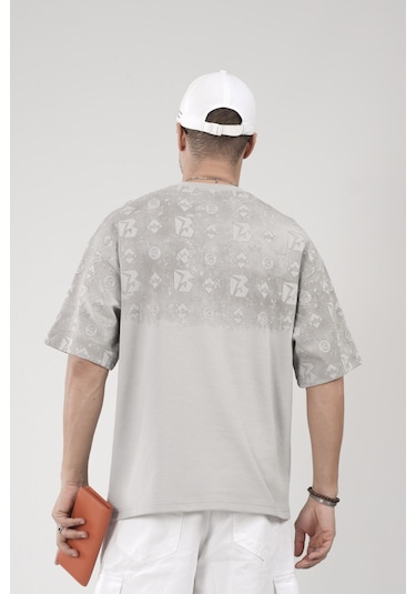 King-Brich Oversize Kalıp Logo Baskılı Bisiklet Yaka Basic Tişört Gri
