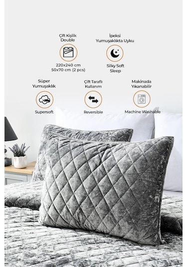 Evlen Home Kapitone Kadife Yatak Örtüsü Seti Çift Kişilik Supersoft 3 Parça Yumuşak Elyaf Dolgulu Gri Gri