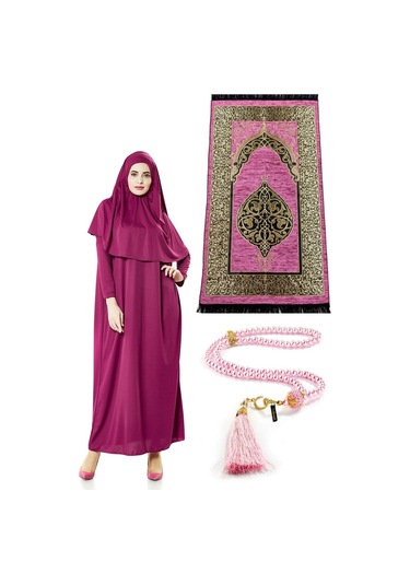 Tek Parça Namaz Elbisesi - Seccade - Tesbih - Ibadet Seti - Fuşya