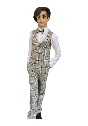 Riccotarz Erkek Çocuk Kare Desen Ve Şal Yaka Yelekli Yeşil Takım Elbise Yeşil