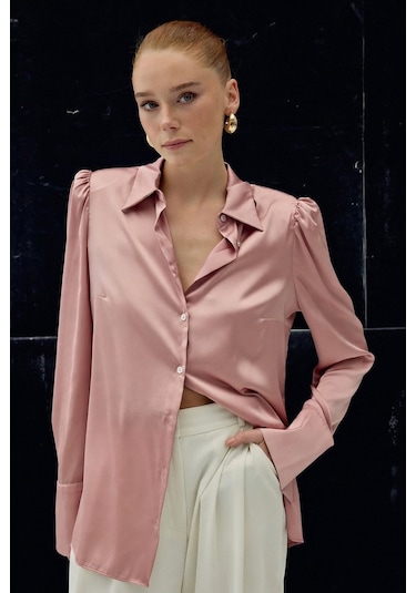 Sateen Vatkalı Saten Gömlek - Pembe-136730 Pembe