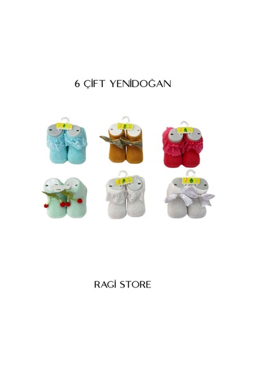 Ragi Store 6'lı Nakışlı Yenidoğan Bebek Çorap ÇoK Renkli
