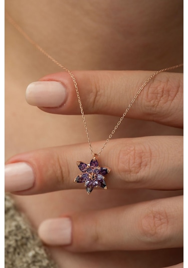 Ervanur Kadın Rose Altın Kaplama Mor Taşlı Lotus Çiçeği Kolye Mor