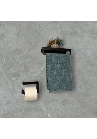 Dione Store 2li Banyo Seti, Metal Havlu Tutucu Ve Tuvalet Kağıtlığı, Havluluk, Tuvalet Kağıdı Tutucu Siyah