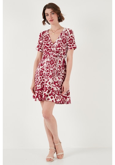 Lela Desenli Kruvaze Yaka Regular Fit Bayan Elbise 5865723 Mürdüm