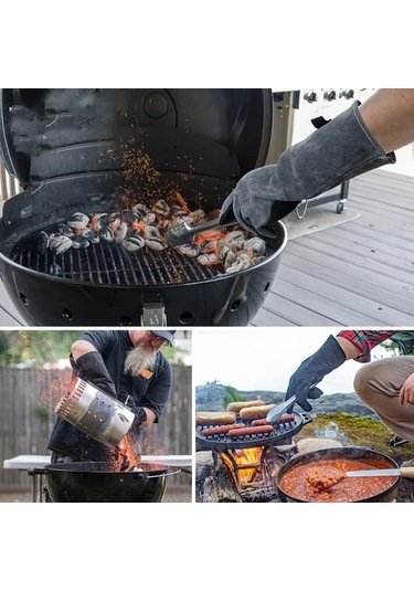 Willowhaven Siyah Gri Dayanıklı Deri Bbq Eldiveni Isıya Dayanıklı Isırmaya Karşı