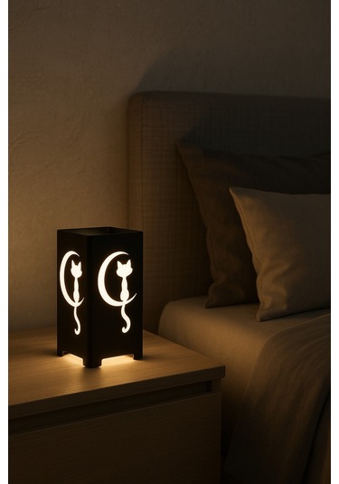 Hilal Ve Kedi Figürlü Kablolu Metal Gece Lambası Dekoratif Led Masa Lambası Hilalkedi