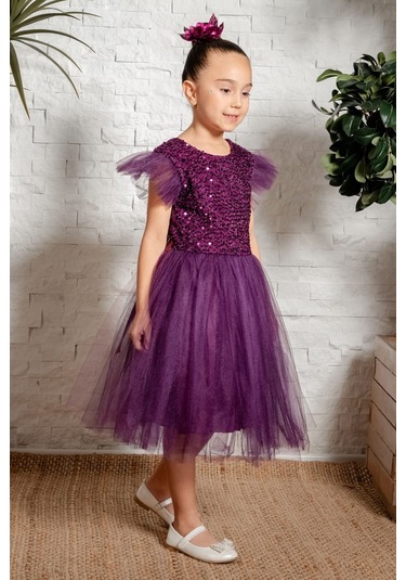 Tüllü Kız Çocuk Kpl Elbise Mnk0526 MÜRDÜM