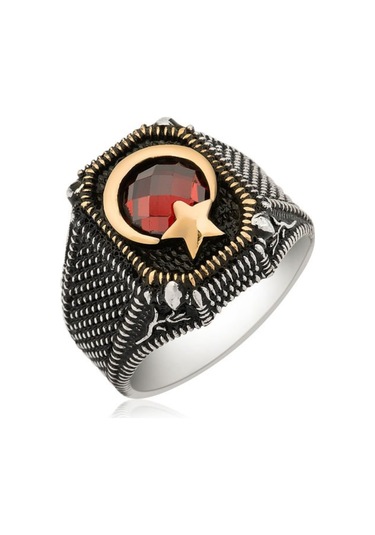 925 Ayar Gümüş Kırmızı Zirkon Taşlı Ay Yıldız Tasarım Erkek Yüzük - 554938036